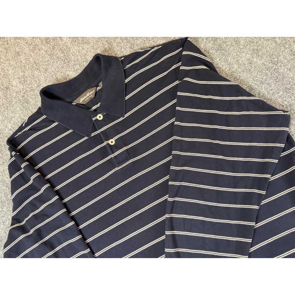Eddie Bauer Mens XL Tall Navy Blue Striped Long Sleeve Cotton Pique Polo Shirt
